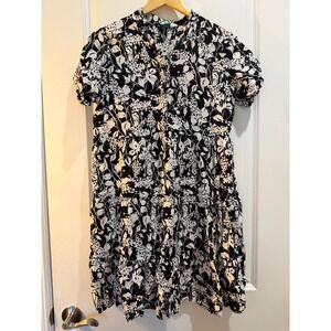 Aller Simplement Womens XXL Black White Floral Tiered Button Down‎ Mini Dress